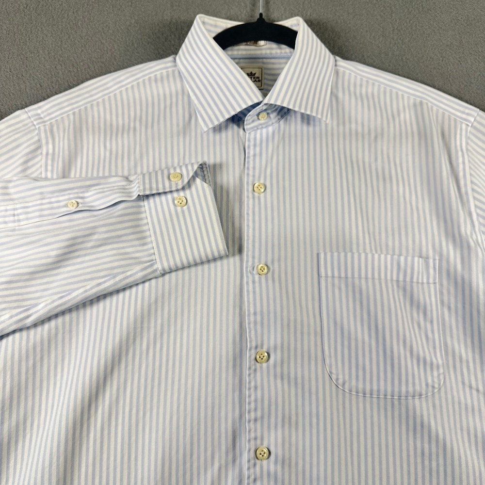 Peter Millar Nanoluxe Easy Care Dress Shirt Men 16.5 L Blue White Stripe MF14D95